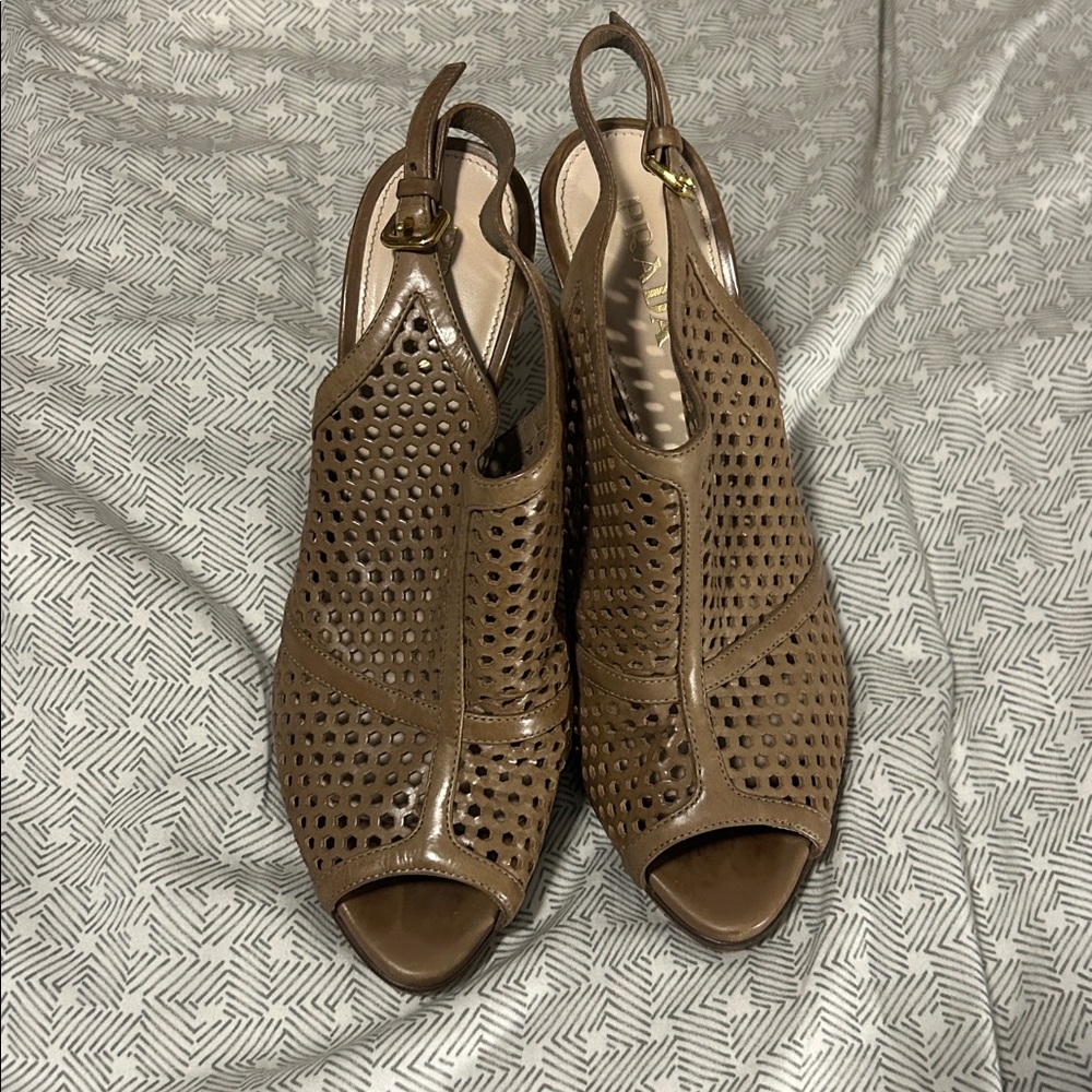 Prada Laser Cut Leather Brown Peep-Toe Slingback Heels - 39 - Picture 2 of 6